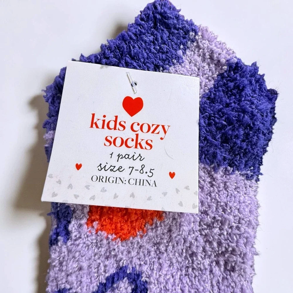 Kids Cozy Fuzzy Socks 6 Pair Bundle Hearts XO Purple Orange Red Size 7-8.5 NEW